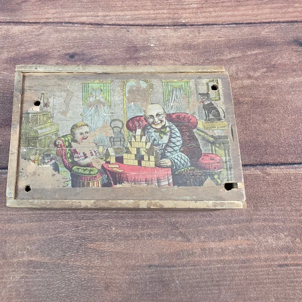 Crandall's Building Blocks Toy Box Kids OS Brown Fair Antique Wood Lithograph